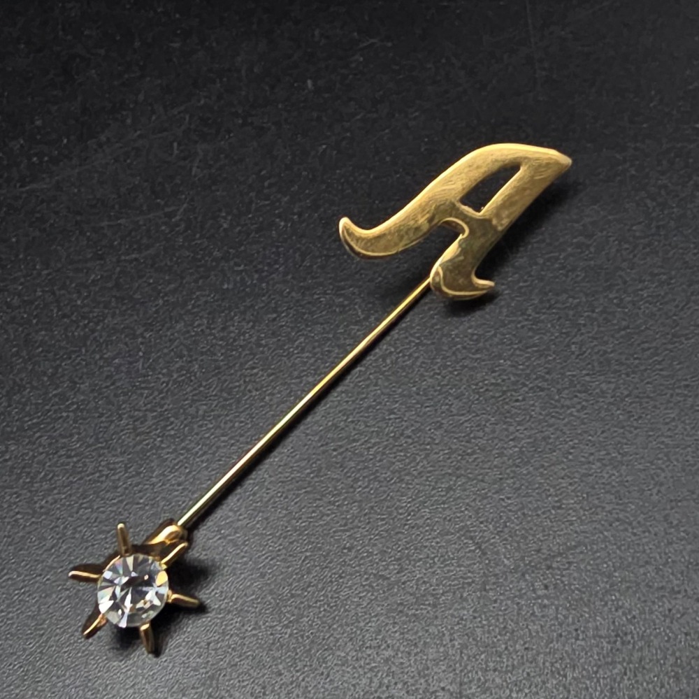 Letter A Stick Pin Gold Tone Rhinestone Vintage Costume Jewelry